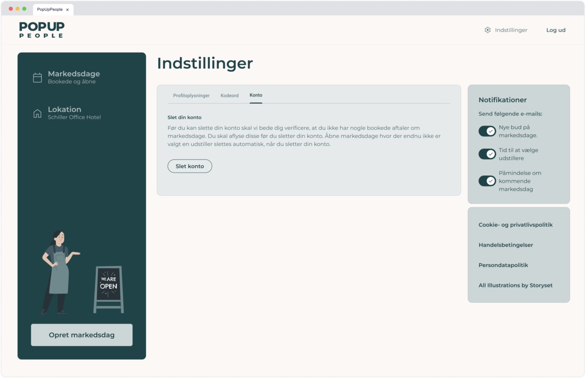 Location settings page account deletion tab outlining a verification requirement before allowing account deletion, with a "Slet konto" button and notification toggles.